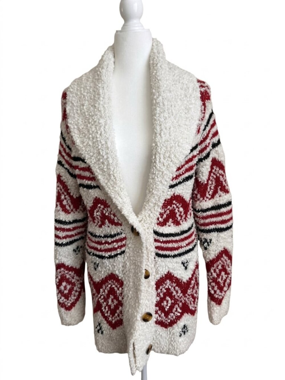 Fall Cardigan Southwestern Geometric Boho Chunky Knit Red Cream Black M Cozy